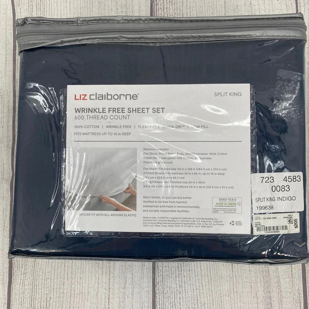 Liz Claiborne Sheet Set Split King Indigo Blue 600TC Cotton Wrinkle Free 5pc